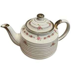 James Sadler Teapot made in England Ivory White with Pink Roses & Gold Trim -BUB